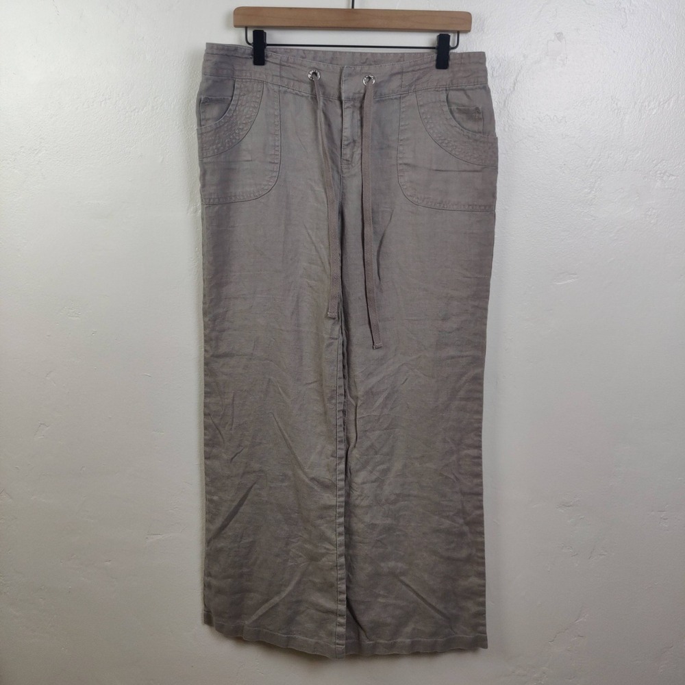 Vintage Y2K INC Linen Pants Womens 10 Taupe Drawstring Wide Leg Coastal Grandma